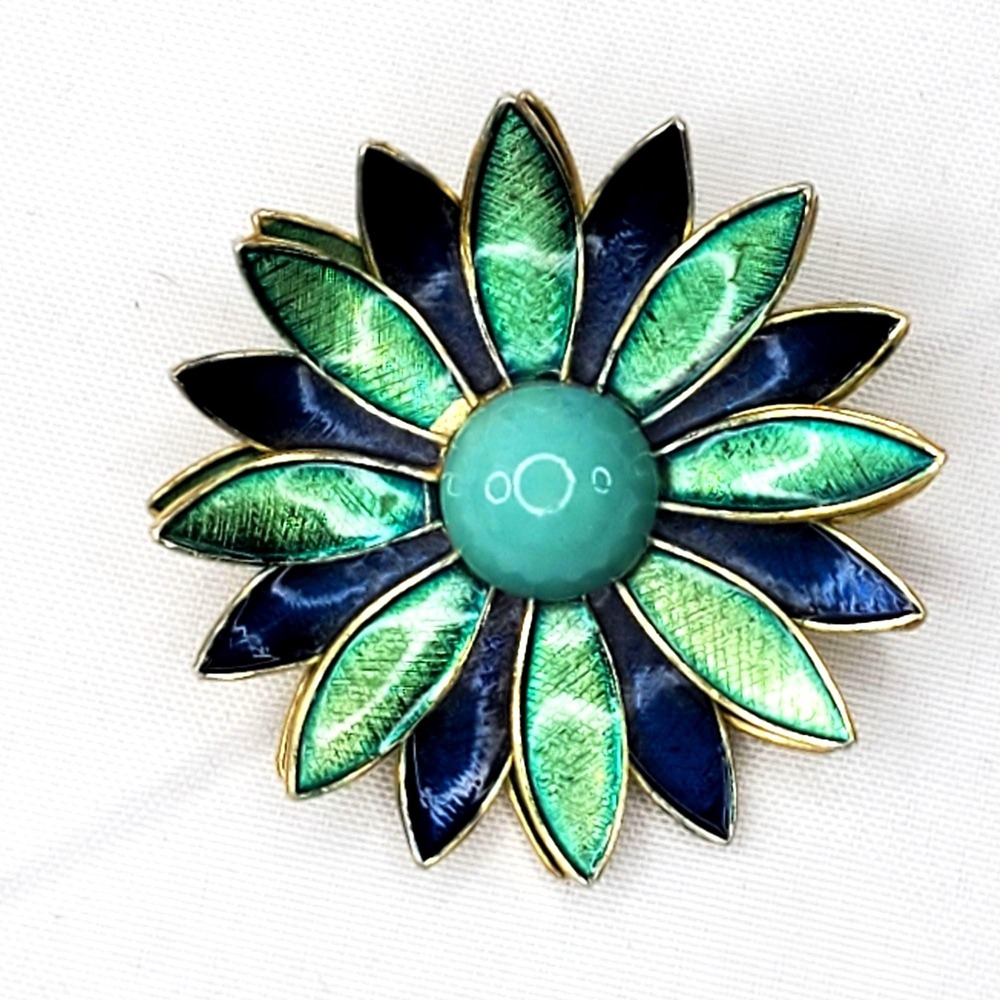 VTG Enameled Green & Blue Flower Brooch With Gold-Tone Accents Made In Germany